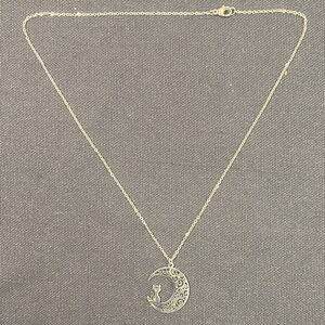 Delicate Silver Moon Cat Pendant Necklace New Stainless Steel Women's